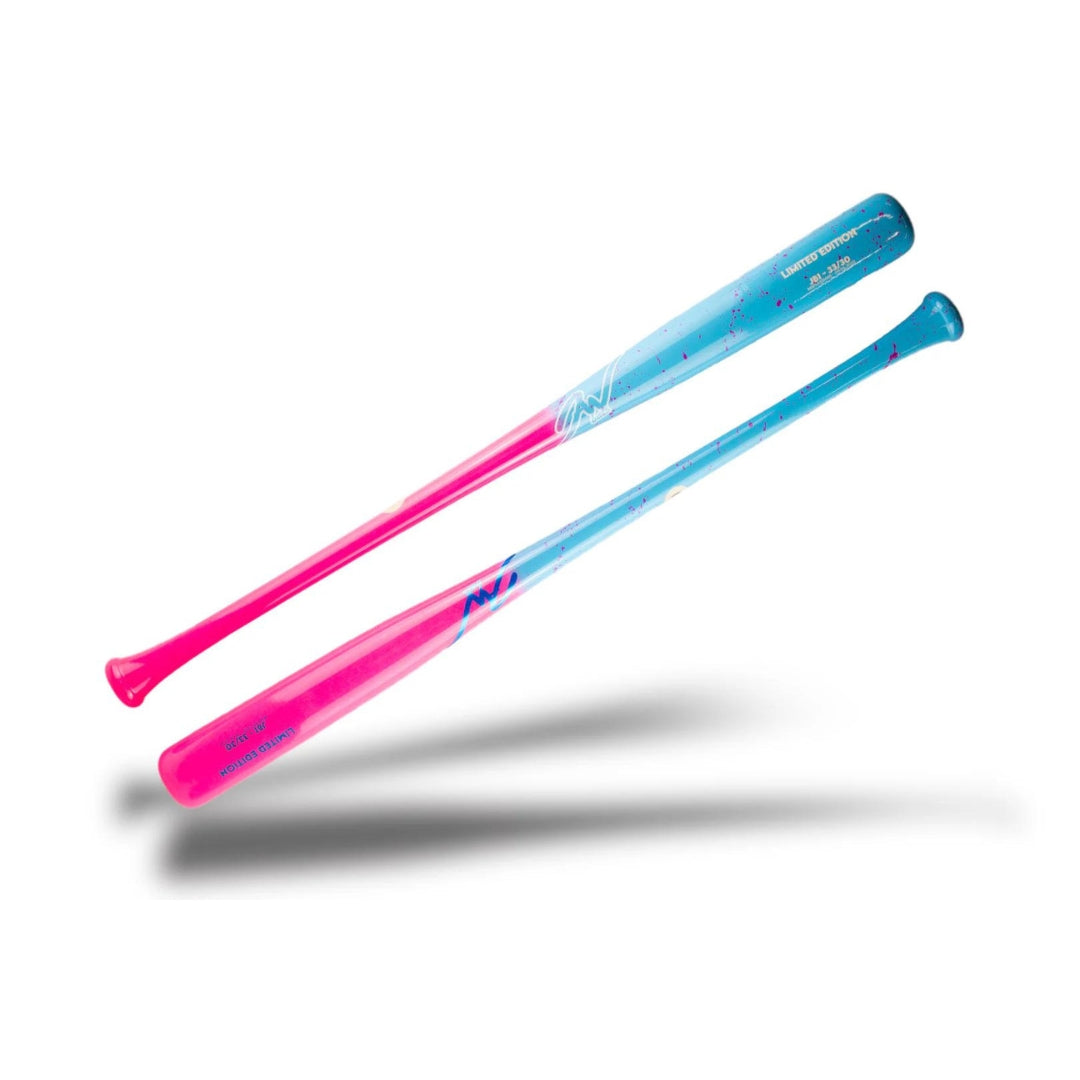 Two custom Jaw Bats on a diagonal angle on a white background. The bats feature a "cotton candy" color scheme of pink and sky blue