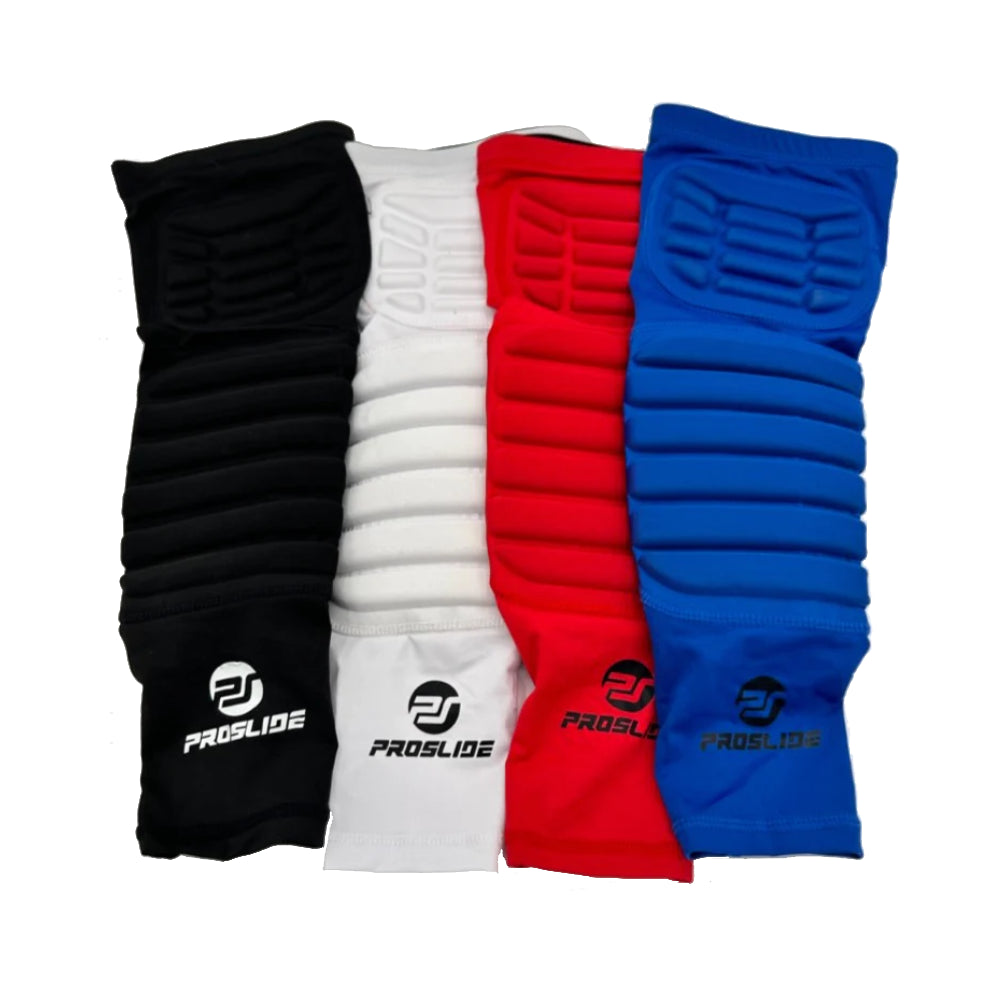 Four pro-slide leg sleeves, black, white, red, an blue