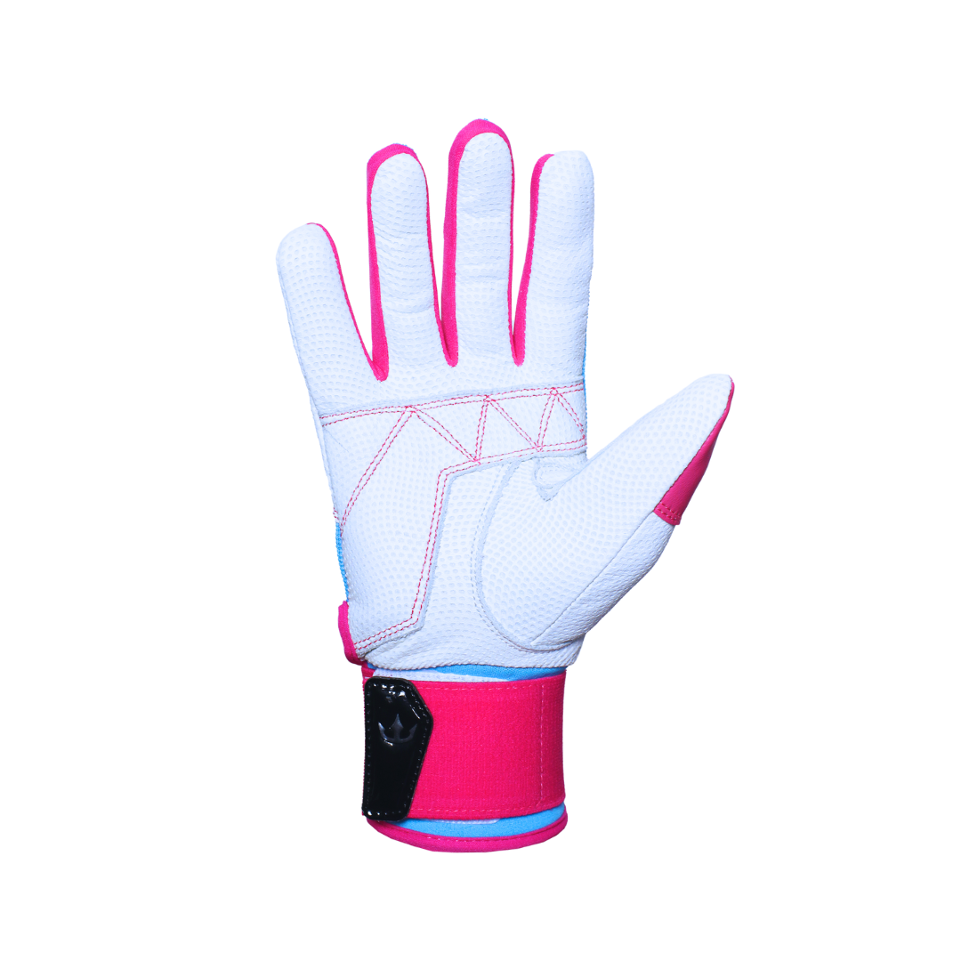 Alt text: A single white glove with pink accents. The glove has a textured surface, pink stitching along the fingers and thumb, and a pink wrist strap with a black patch. Ideal for baseball or softball players