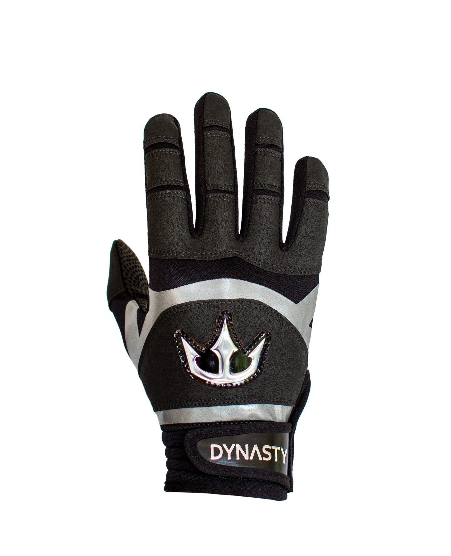 A single black and gray glove with a prominent crown logo on the back. Below the logo, there's a strap labeled "DYNASTY" in white letters. Designed for sports or outdoor activities, this glove features reinforced areas on the fingers and palm for enhanced durability and grip.