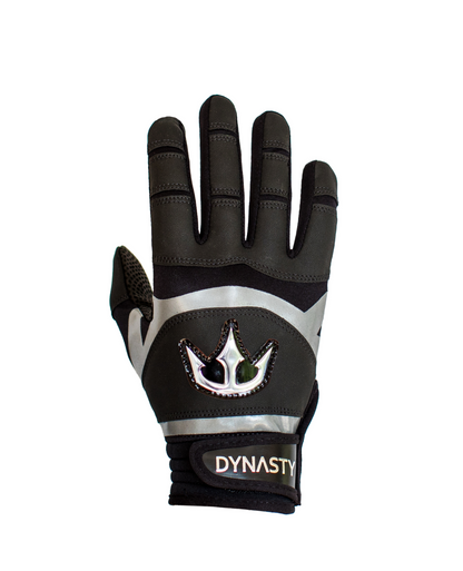 A single black and gray glove with a prominent crown logo on the back. Below the logo, there's a strap labeled "DYNASTY" in white letters. Designed for sports or outdoor activities, this glove features reinforced areas on the fingers and palm for enhanced durability and grip.