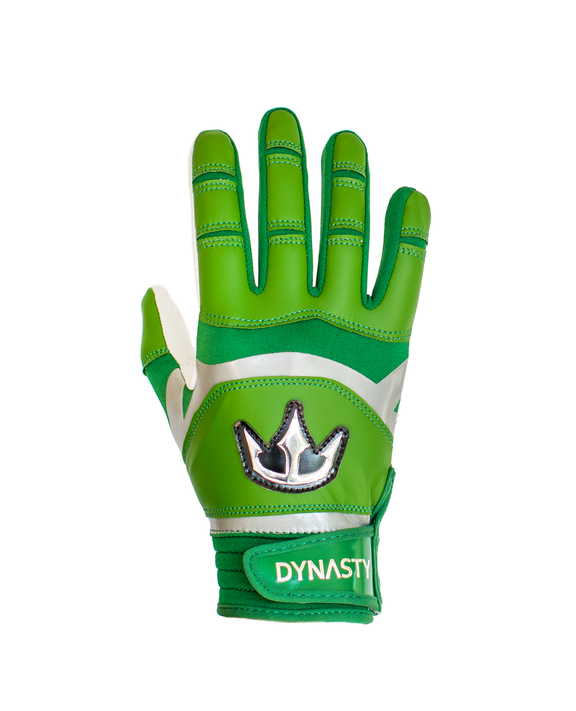 A single green and white glove with a prominent crown logo on the back. Below the logo, there's a strap labeled "DYNASTY" in white letters. Designed for sports or outdoor activities, this glove features reinforced areas on the fingers and palm for enhanced durability and grip.