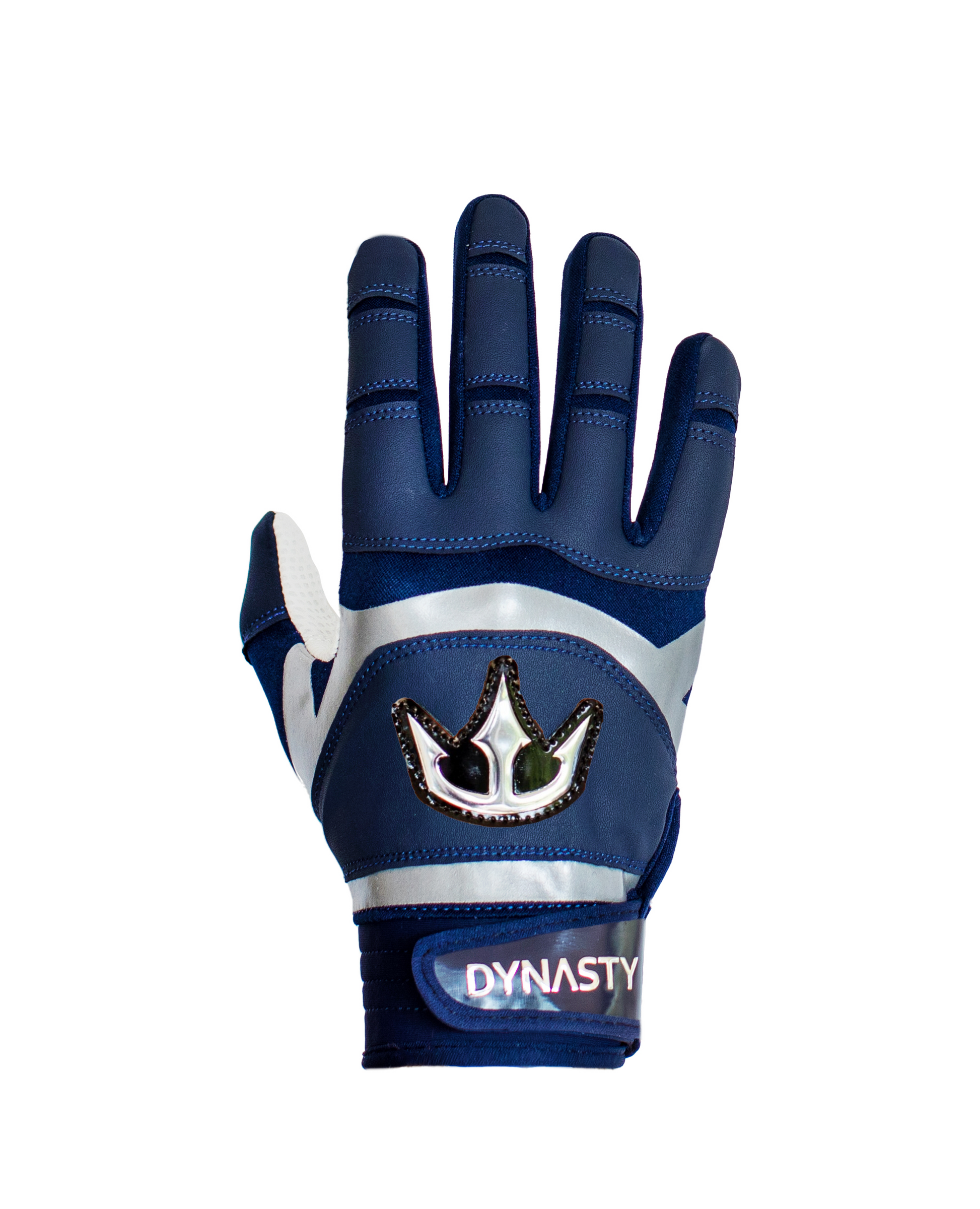 A single navy and gray glove with a prominent crown logo on the back. Below the logo, there's a strap labeled "DYNASTY" in white letters. Designed for sports or outdoor activities, this glove features reinforced areas on the fingers and palm for enhanced durability and grip.