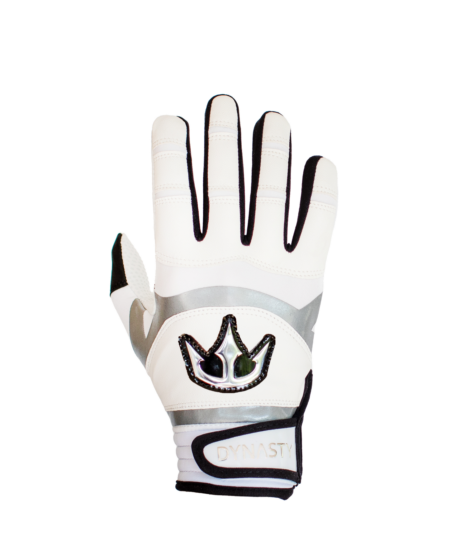 A single white and gray glove with a prominent crown logo on the back. Below the logo, there's a strap labeled "DYNASTY" in white letters. Designed for sports or outdoor activities, this glove features reinforced areas on the fingers and palm for enhanced durability and grip.