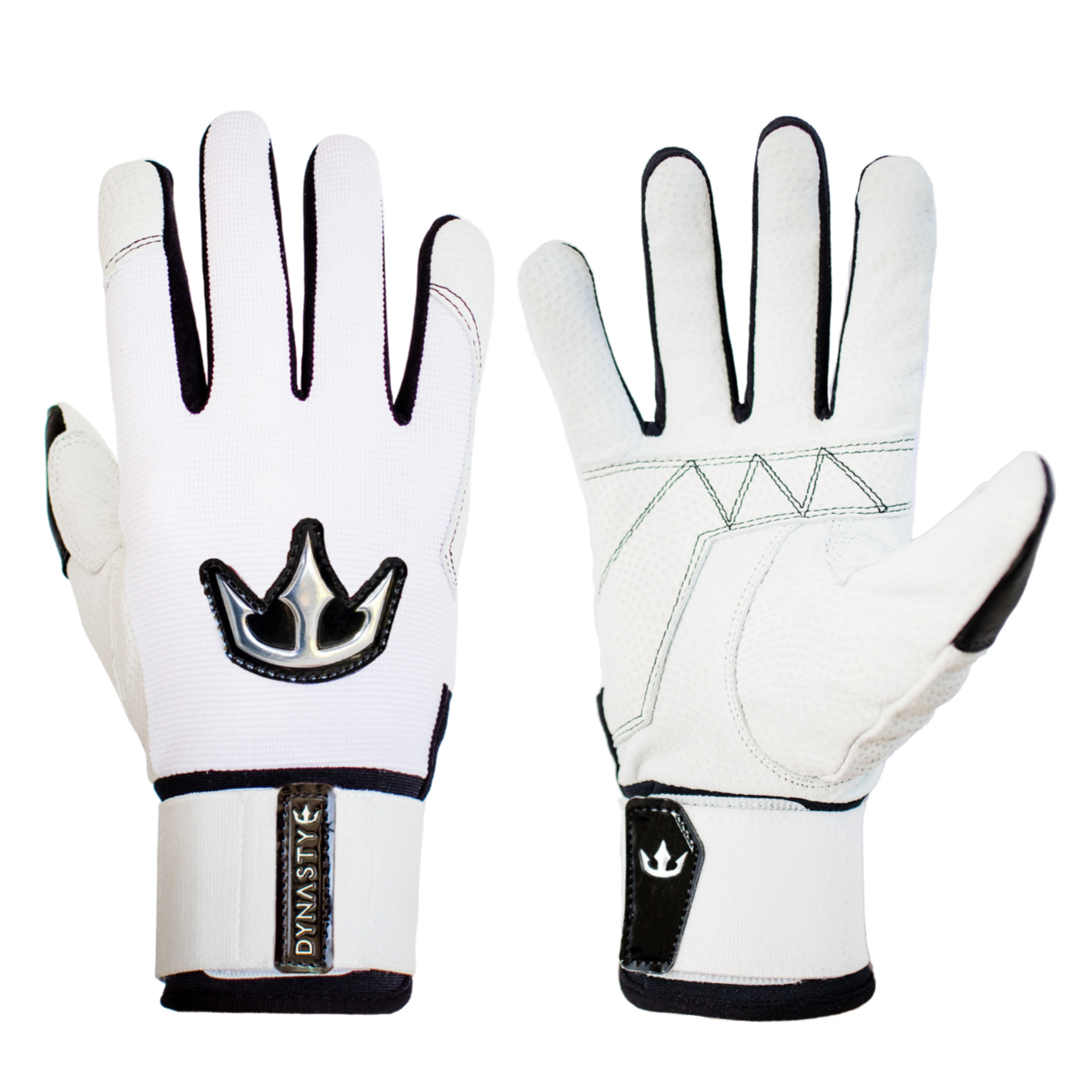 A single glove, primarily white with blue accents along the sides of the fingers and wrist area. The glove features blue stitching and a black patch with a white logo on the wrist strap. Designed for sports or activities requiring grip and dexterity, combining style and functionality.