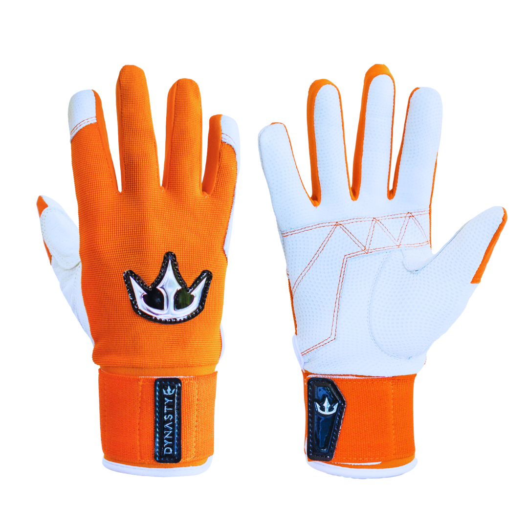 Orange and white dynasty batting gloves, one facing forward, one facing backward on a white backdrop