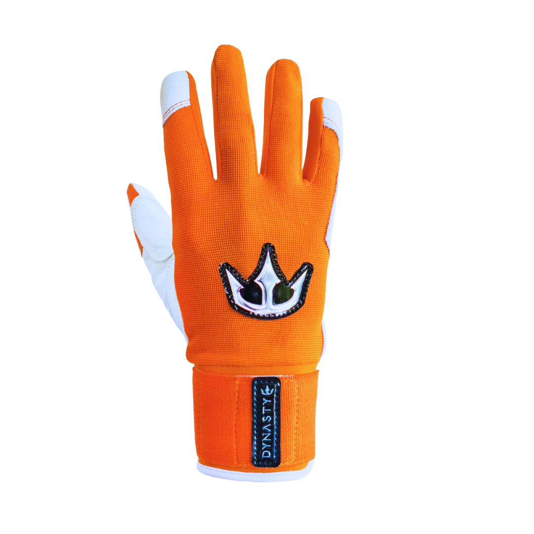 The orange back of a dynasty baseball batting glove against a white backdrop