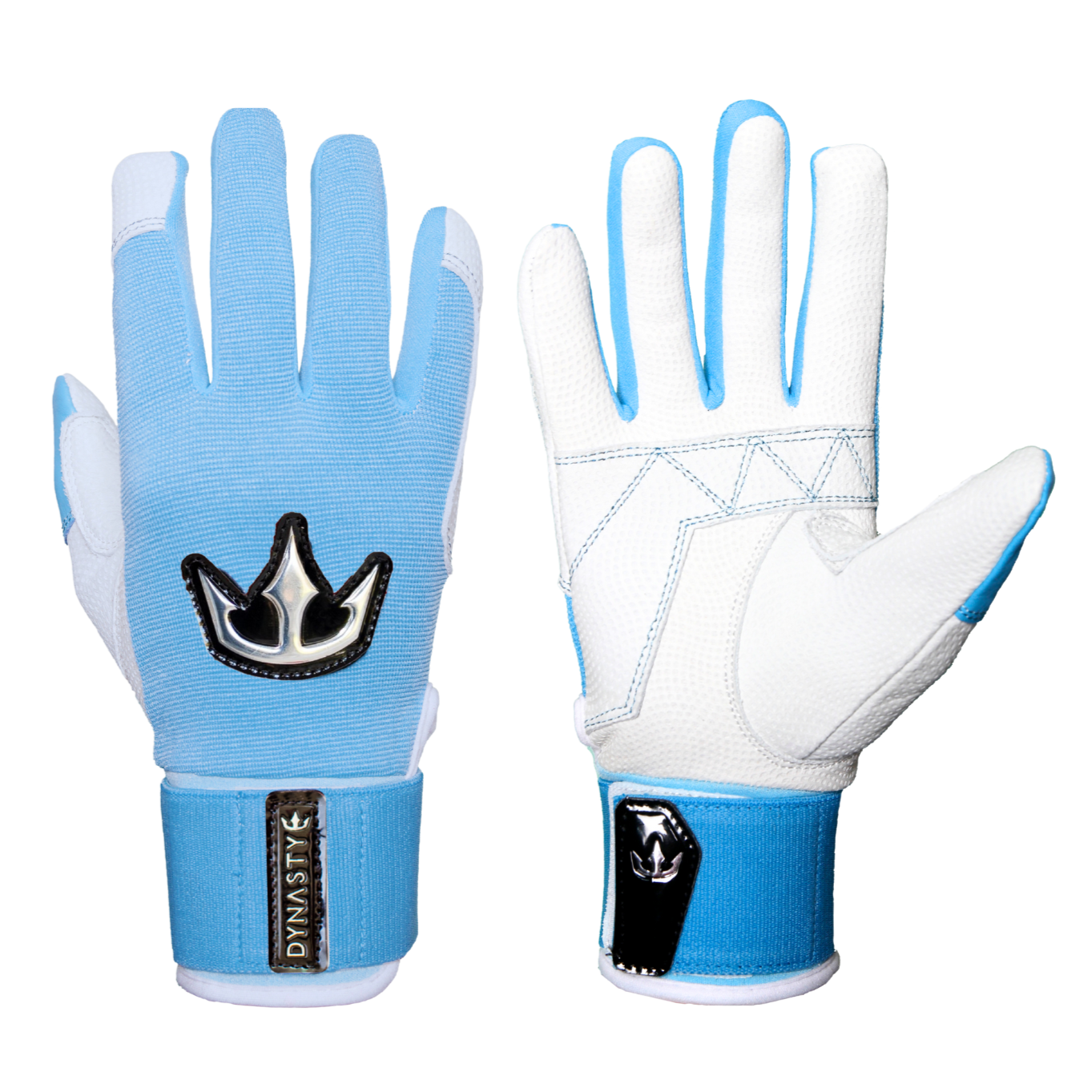 A pair of gloves, one glove facing palm up and the other facing palm down. The gloves are primarily light blue and white, with black and silver accents. The back of the glove has a black and silver crown logo, while the wrist area features a black label with the text "DYNASTY." The palm side of the glove displays a geometric pattern with stitching and a similar black and silver logo on the wrist area. Ideal for sports or outdoor activities, offering both style and functionality.