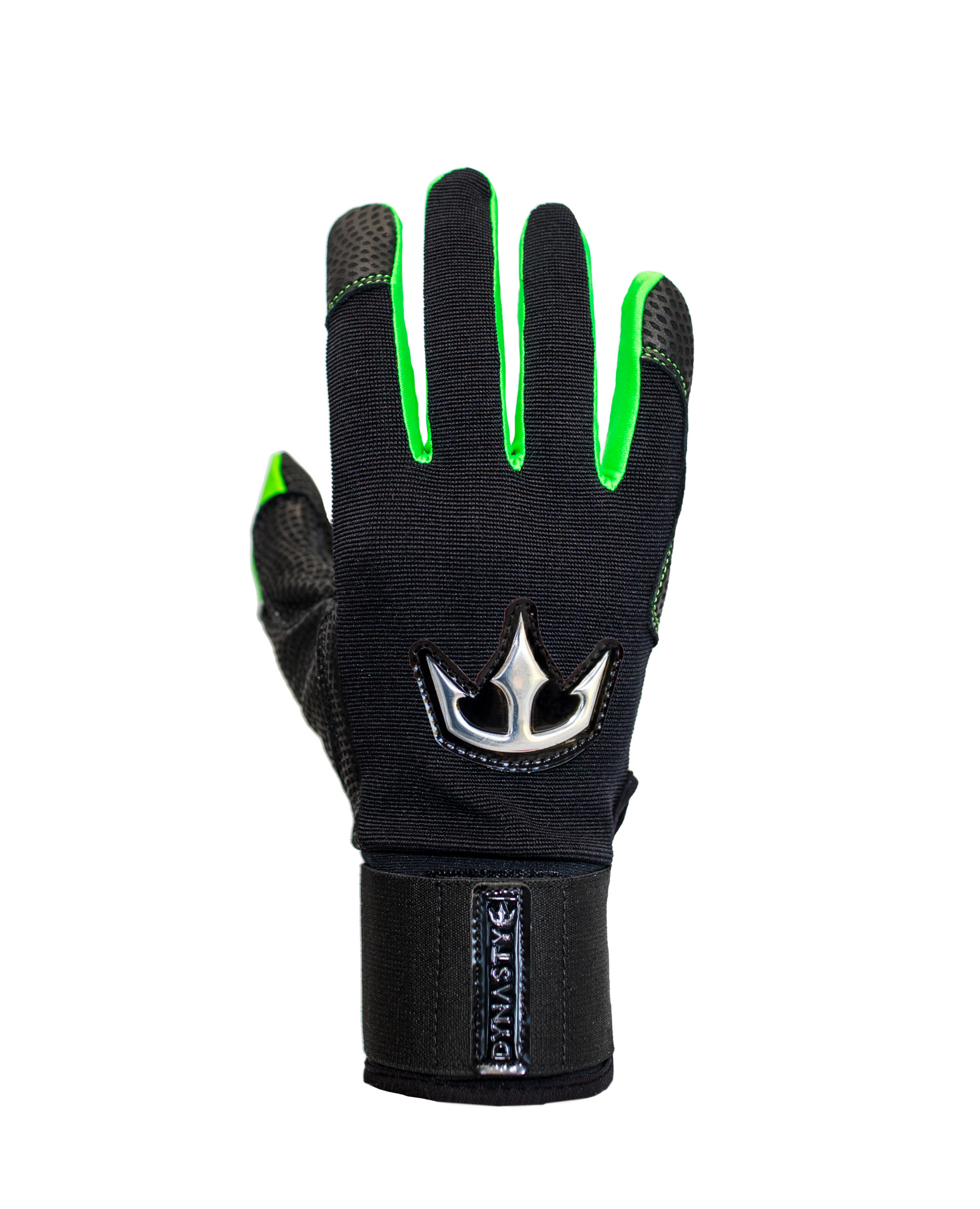 A single black glove with bright green accents along the fingers and interior. The glove features a metallic crown emblem on the back and a "DYNASTY" strap at the wrist. Ideal for sports, offering both style and protection.