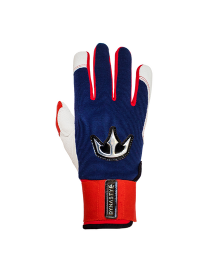 A single glove designed for sports or outdoor activities. The glove has predominantly blue fabric on the back, red accents along the sides of the fingers, and white material on the fingertips and thumb. A metallic crown emblem adorns the back of the hand. The wrist area is red with a black and silver label that reads "DYNASTY" and features a small crown symbol. This glove is well-constructed with attention to detail, making it ideal for those seeking high-quality sports gear.