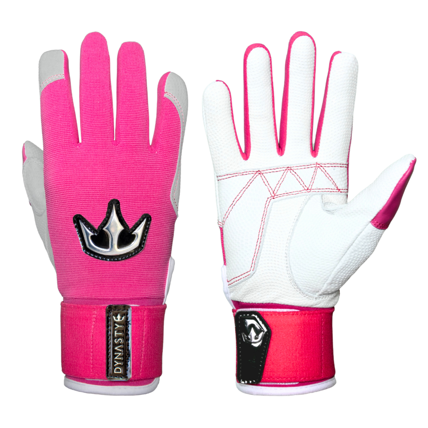 A pair of gloves. The left glove is shown with the palm facing down, and the right glove with the palm facing up. The gloves are primarily pink and white, with a black and silver crown logo on the back of the left glove. The right glove’s palm is white with pink accents on the fingertips and wrist strap. Both gloves feature a textured surface and the word "DYNASTY" on the wrist strap. Designed for sports or outdoor activities.