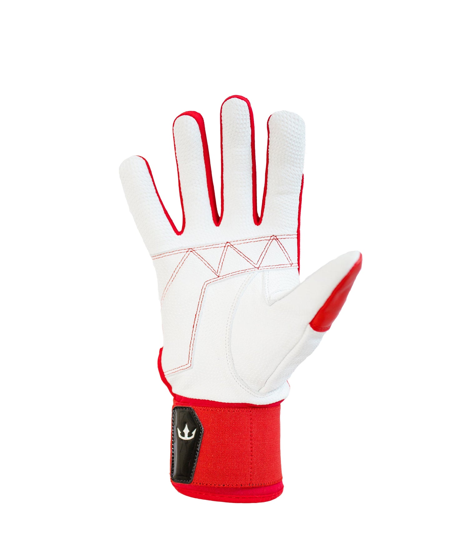 A single white glove with red accents along the edges of the fingers and thumb. The glove features intricate red stitching and a black patch with a white trident symbol on the wrist area. Designed for sports or work, offering durability and enhanced grip.