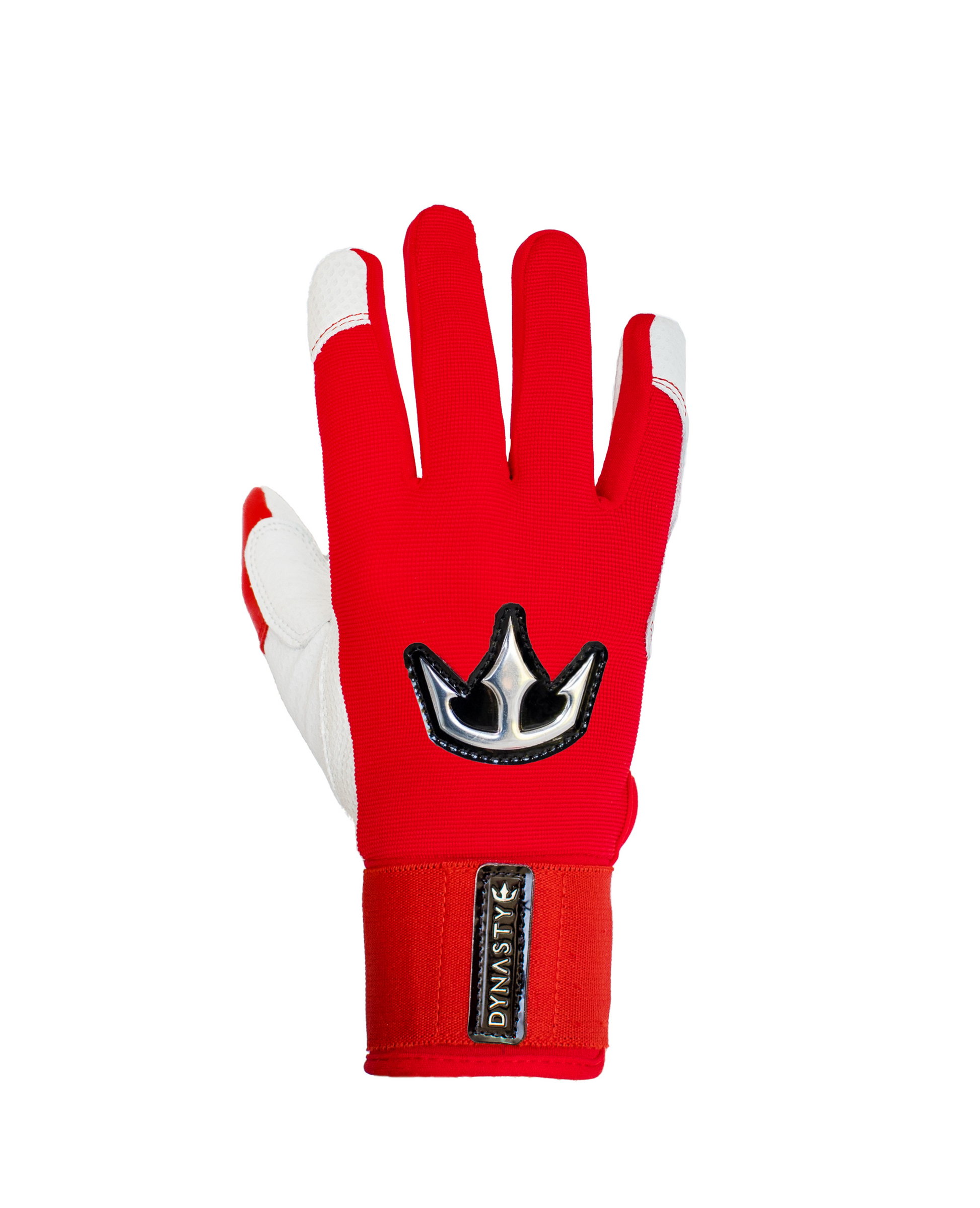 A single red glove with white accents on the fingertips and sides. The glove features a black and silver crown emblem on the back, along with a label on the wrist area that reads "DYNASTY" with a star symbol. Designed for sports or outdoor activities, providing durability and ergonomic support.