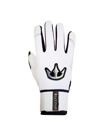 A single white glove with black accents. The glove features a black and silver crown emblem on the back and a strap at the wrist with "DYNASTY" written on it. Designed for sports, offering durability, grip, and a secure fit.