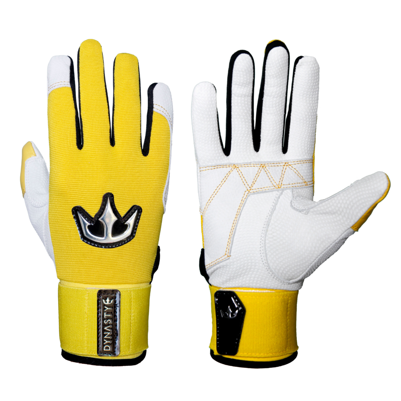 A pair of gloves, primarily yellow and white. The left glove features a yellow back with black trim and a black and silver emblem near the wrist, while the right glove shows a white textured palm with yellow stitching and a yellow wrist strap. Both gloves have a black and silver emblem and "DYNASTY" on the wrist strap. These gloves are designed for sports or outdoor activities, providing both style and functionality.