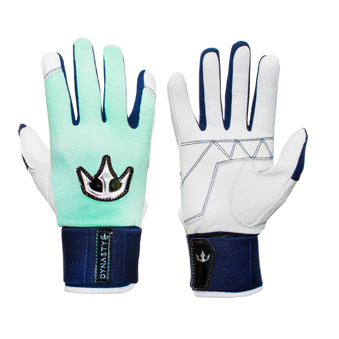 Dynasty Baseball mint green and navy blue batting gloves against a white background