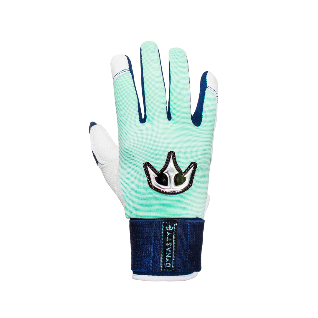 Dynasty Baseball mint green and navy back of batting gloves against a white backdrop