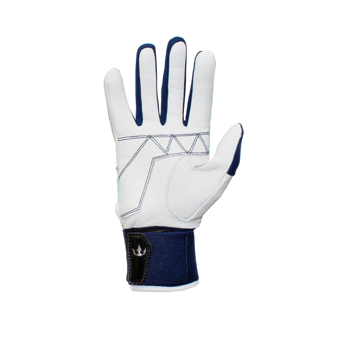 White palm of a dynasty baseball mint green and navy batting glove against a white background