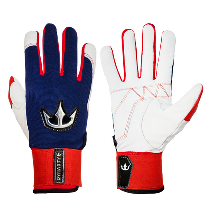 A pair of gloves, one glove facing palm up and the other facing palm down. The gloves are primarily white with red and blue accents. The back of the left glove features a silver crown emblem on a blue background, with a red cuff that has a black patch reading "DYNASTY." The palm side of the right glove is white with red stitching and red accents on the fingertips and thumb, along with a red section at the cuff with a black patch featuring a white crown emblem. Designed for sports, these gloves offer style a