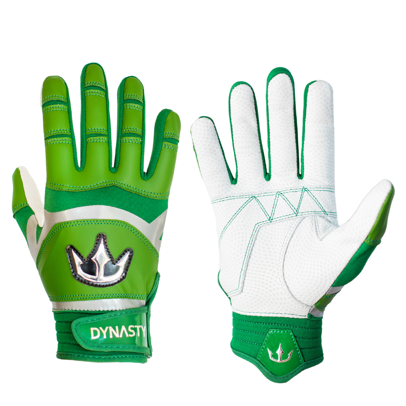 A pair of green gloves with black and white accents. The back of the gloves features a trident logo and the word "DYNASTY" on the wrist strap. The palm side has a textured, mesh-like surface for enhanced grip. Designed for activities requiring good grip and hand protection, such as sports or outdoor activities.