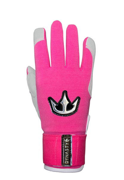 A single pink glove with gray fingertips and thumb. The glove features a black and white crown emblem on the back and a pink strap around the wrist with the word "DYNASTY" in white letters. Designed for sports, offering both style and functionality.