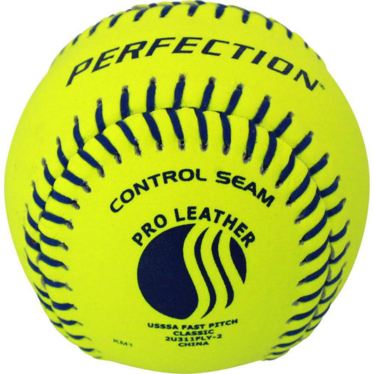 Top-of-the-line game softball with a specialty designed leather cover for better feel and grip. Raised seams maximize give the pitcher maximum control. Poly core center. Optic yellow leather with blue stitching. Approved by USSSA