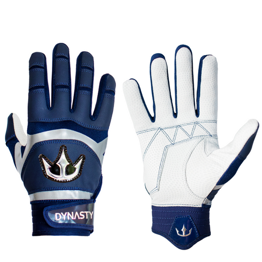 A pair of navy gloves with black and white accents. The back of the gloves features a trident logo and the word "DYNASTY" on the wrist strap. The palm side has a textured, mesh-like surface for enhanced grip. Designed for activities requiring good grip and hand protection, such as sports or outdoor activities.