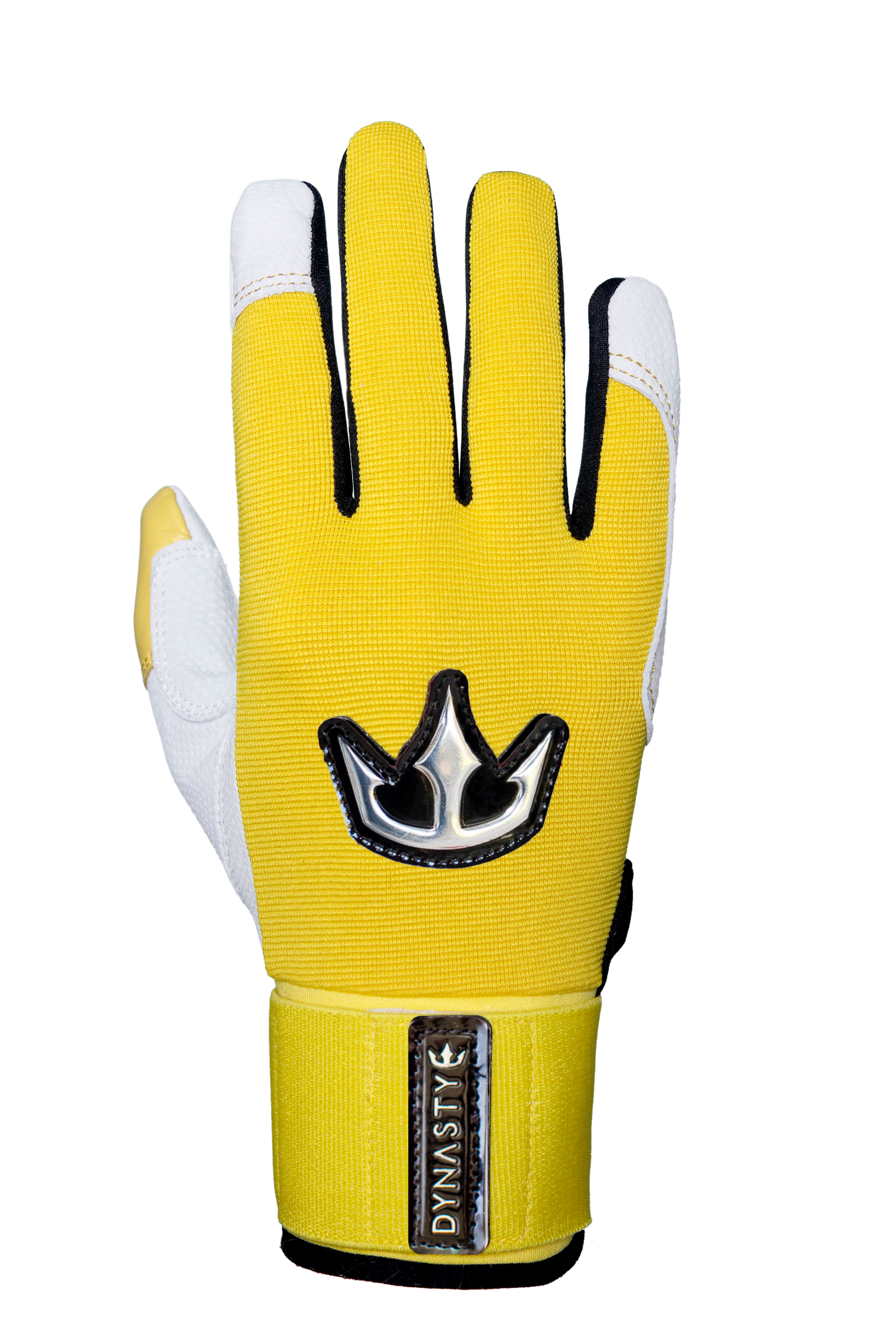 A single yellow glove with white and black accents. The glove features white fingertips, a black and silver crown emblem on the back, and a wrist strap with "DYNASTY" written on it. Designed for sports or outdoor activities, the glove offers both style and functionality.