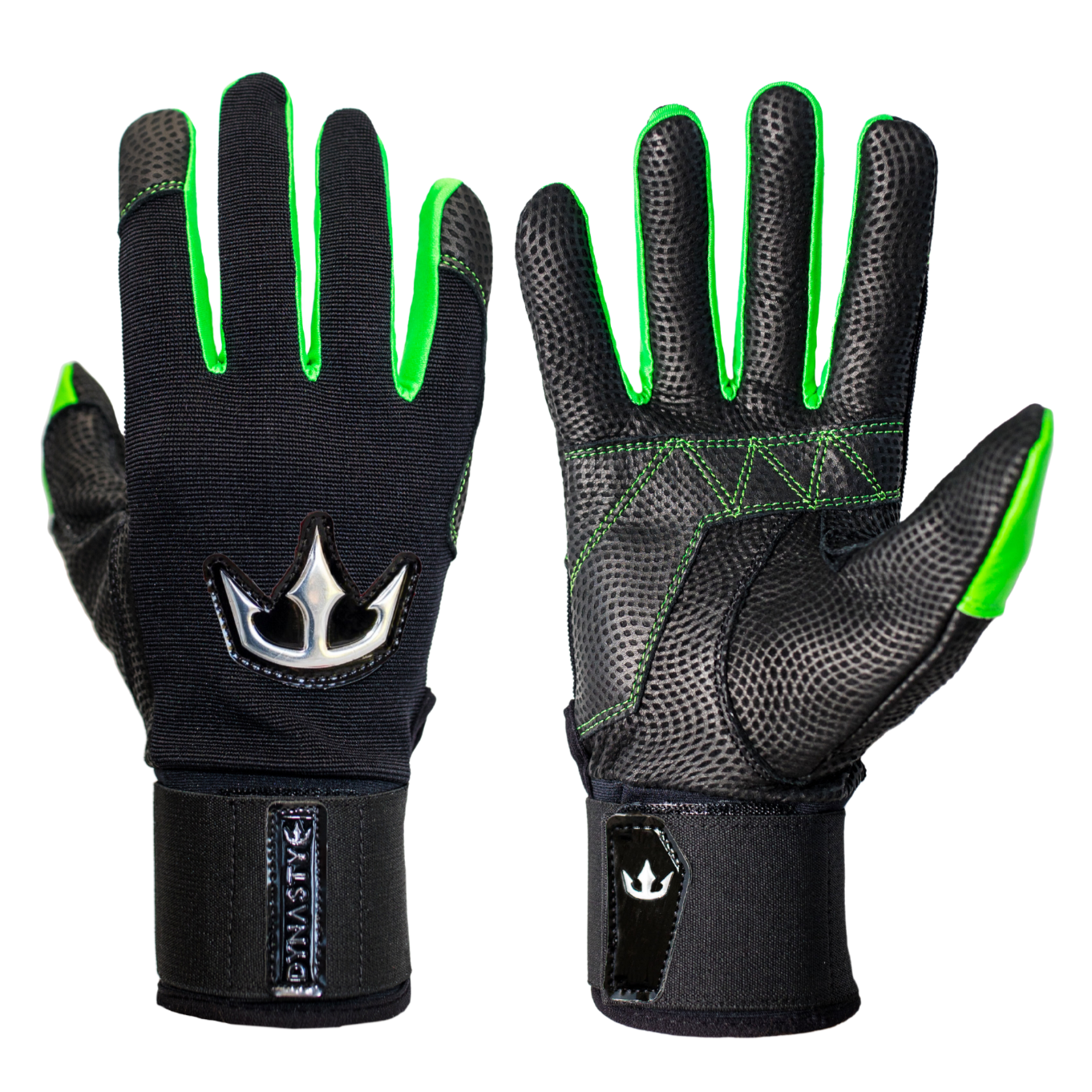 A pair of black gloves with bright green accents on the fingertips and edges. The palm side has a textured, dotted pattern for grip and green geometric stitching. The back features a metallic crown emblem and a Velcro strap with the text "DYNASTY." Designed for activities requiring grip and protection, such as sports.