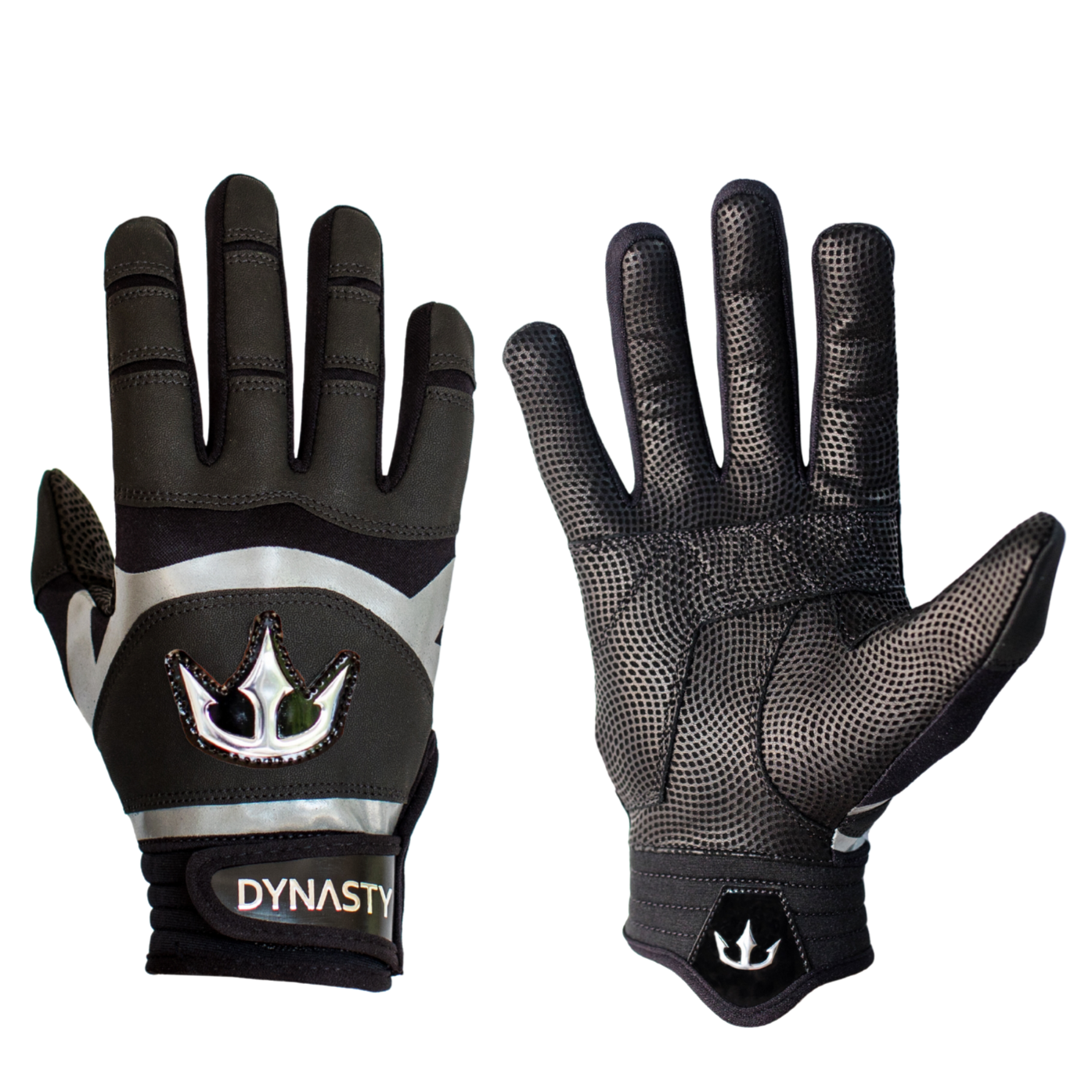 A pair of black gloves with gray and white accents. The back of the gloves features a trident logo and the word "DYNASTY" on the wrist strap. The palm side has a textured, mesh-like surface for enhanced grip. Designed for activities requiring good grip and hand protection, such as sports or outdoor activities.