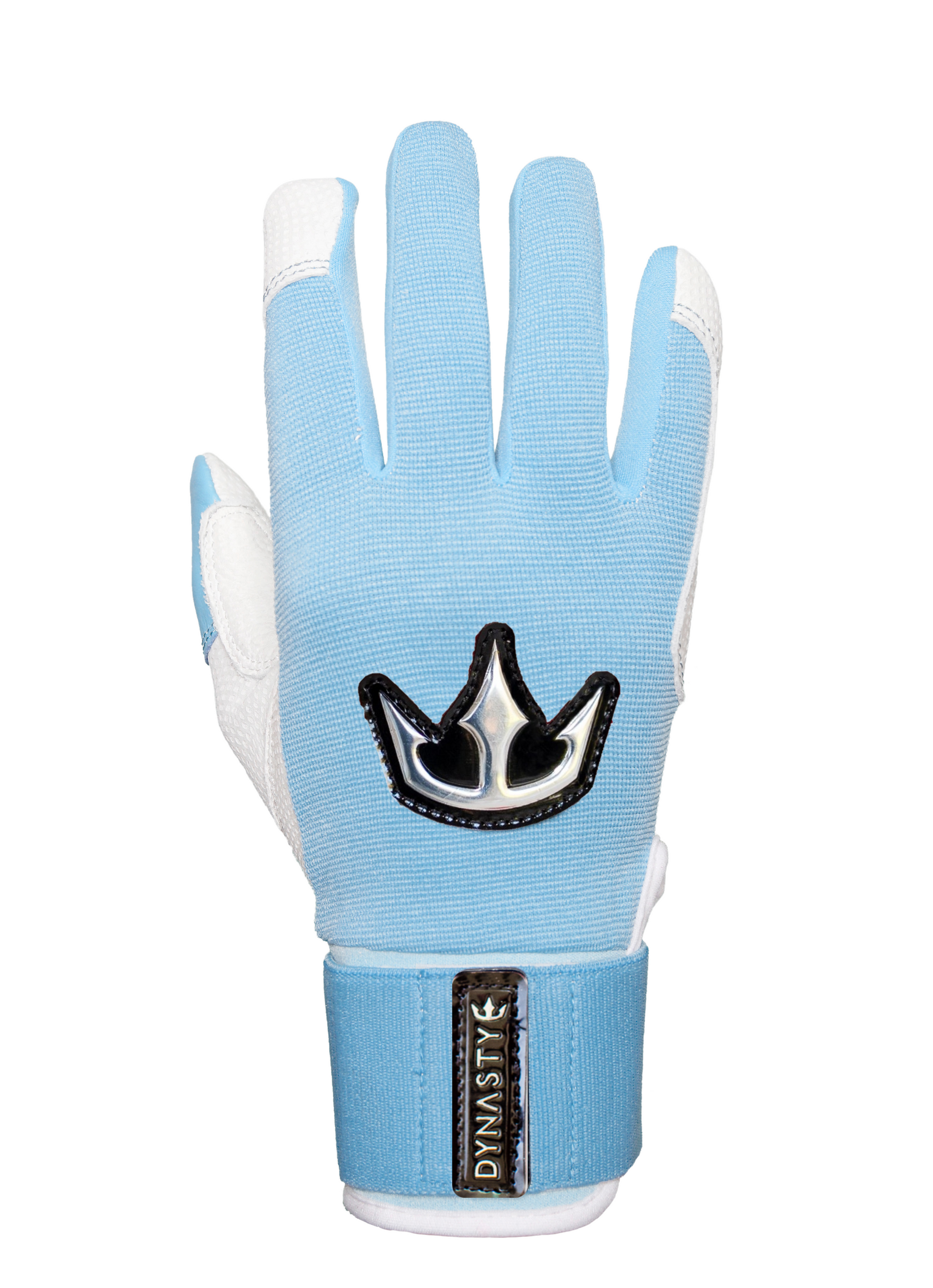 A single light blue glove with white accents on the fingertips and sides. The glove features a black and silver crown emblem on the back and a "DYNASTY" strap at the wrist. Designed for sports or outdoor activities, it offers both style and performance with a breathable, flexible material.