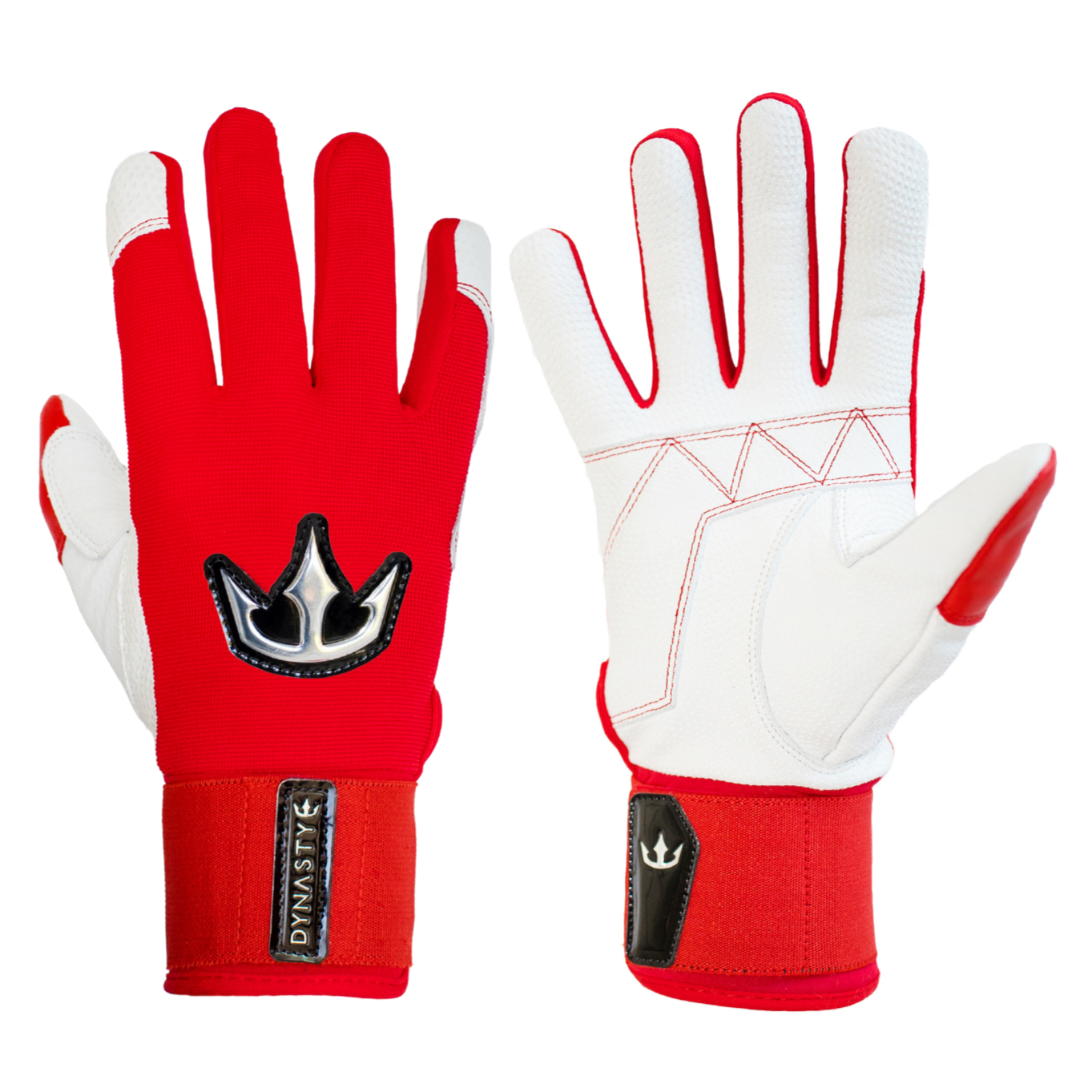  A pair of gloves, one glove showing the palm side and the other showing the back. The gloves are predominantly red and white, with black and silver details. The palm side features red base color with black and silver emblem in the center. The back side has white base color with red accents on the fingertips and thumb, red stitching in geometric patterns. Both gloves have a red wrist strap with a black patch and emblem. Designed for sports or outdoor activities, offering both style and functionality.