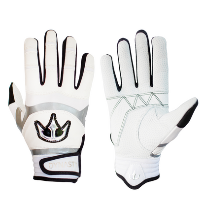 A pair of white gloves with gray and black accents. The back of the gloves features a trident logo and the word "DYNASTY" on the wrist strap. The palm side has a textured, mesh-like surface for enhanced grip. Designed for activities requiring good grip and hand protection, such as sports or outdoor activities.