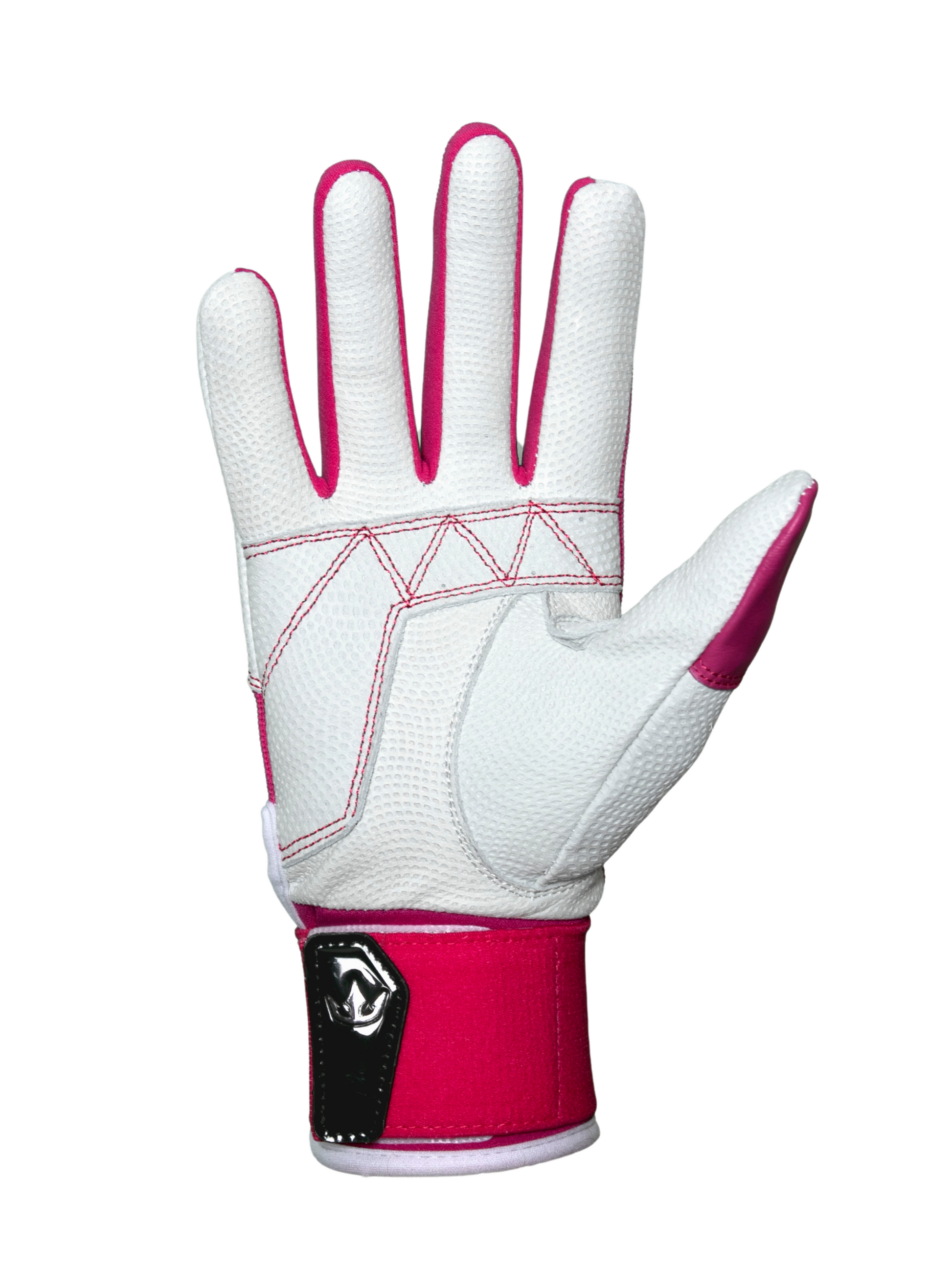 A single sports glove, predominantly white with pink accents along the sides of the fingers and thumb. The glove features a textured surface for better grip and has red geometric stitching on the palm area. The wrist is secured with a pink strap featuring a black and white emblem. Designed for athletes, offering both functionality and style.