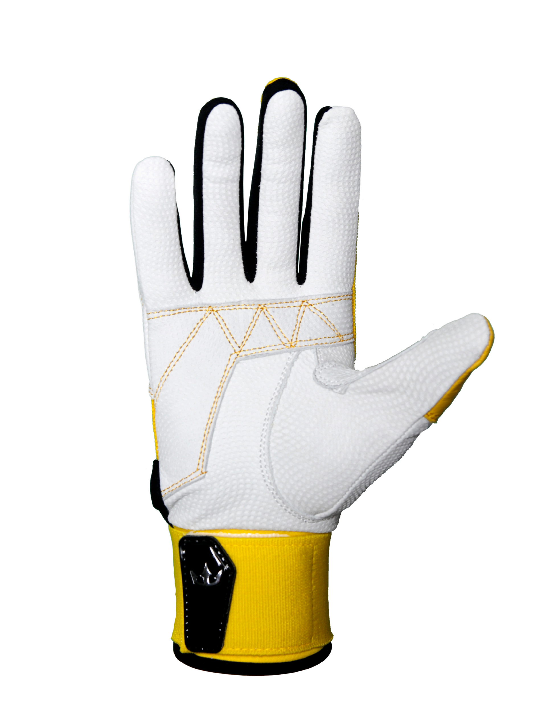 A single white glove with yellow and black accents. The glove features a textured surface on the palm, black material between the fingers, and yellow stitching in geometric patterns. The wrist area has a yellow band with a black closure. Designed for sports or manual activities, it combines style and functionality.