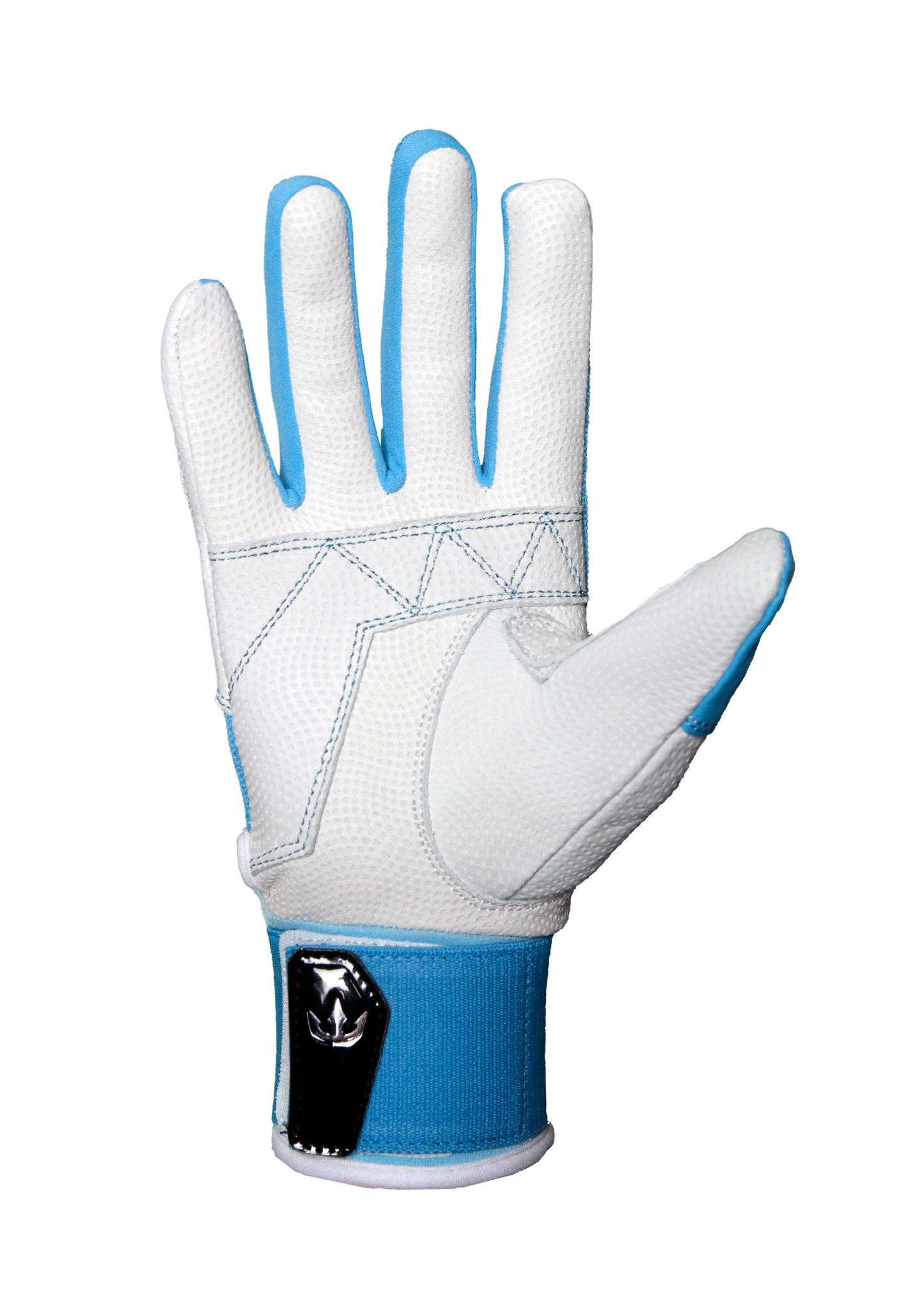 A single white glove with blue accents along the fingers and wrist. The glove features a textured surface for better grip and detailed stitching patterns, including triangular shapes on the palm area. The wrist section has a blue band with a black and silver emblem. Ideal for sports, offering both style and enhanced performance.