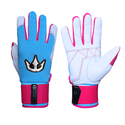 A pair of gloves displayed, with one glove showing the back and the other showing the palm. The gloves are primarily white with blue and pink accents. The back of the left glove features a blue section with a crown-like emblem. The gloves have pink trim along the fingers and a pink wrist strap with a black patch.