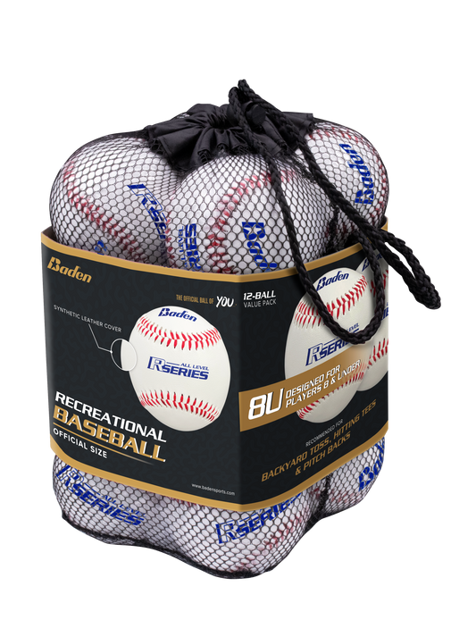 The Baden All Level R-Series Baseball Set features 12 durable, synthetic leather balls with classic red stitching, perfect for young players' practice and play. In carrying case