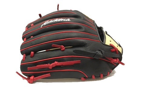 Akadema Steerhide fielder's mitt in beige and black, with red laces, pinky side view