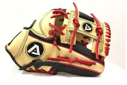 Akadema Steerhide fielder's mitt in beige and black, with red laces, thumb side view