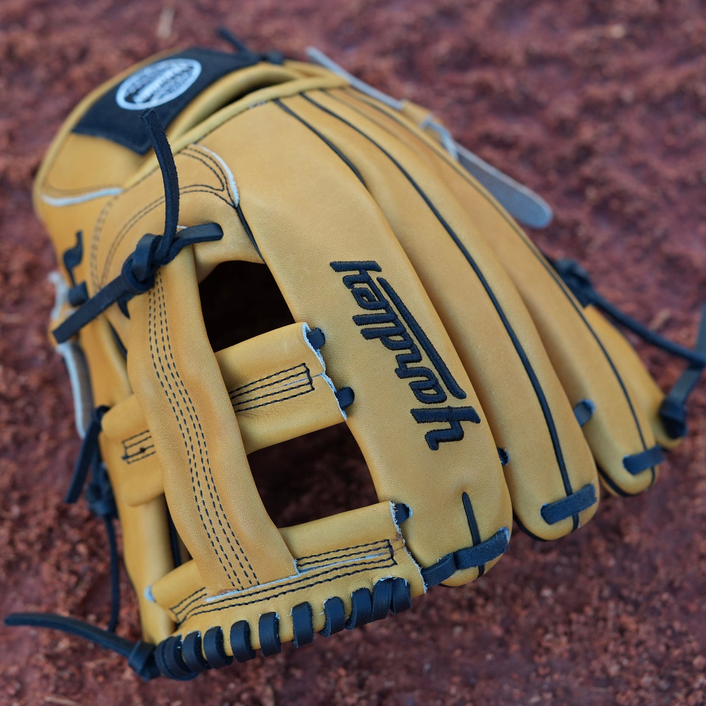 Tan baseball glove with black laces, resting on a dirt baseball field. The brand name "Yardley" is prominently displayed in black lettering.