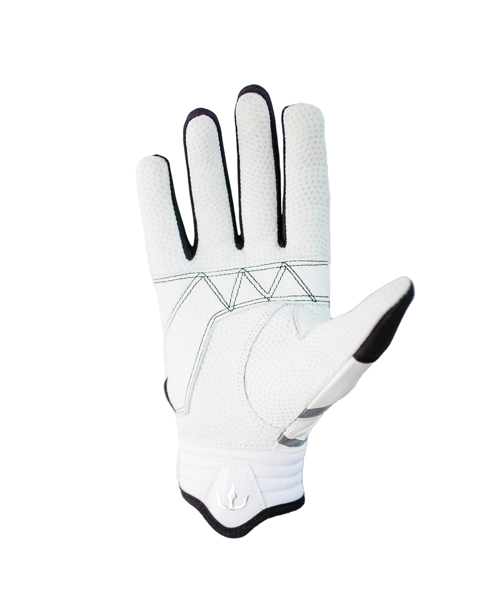 A single white glove with a textured, dotted pattern for enhanced grip and dexterity. The glove features reinforced stitching and padding on the palm and fingers for extra durability and comfort. The wrist area has a logo featuring a trident symbol, Dynasty Baseball's logo. Designed for performance and protection during baseball or softball batting.