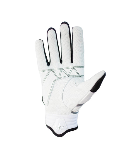 A single white glove with a textured, dotted pattern for enhanced grip and dexterity. The glove features reinforced stitching and padding on the palm and fingers for extra durability and comfort. The wrist area has a logo featuring a trident symbol, Dynasty Baseball's logo. Designed for performance and protection during baseball or softball batting.