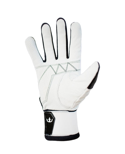 A white glove with black accents, featuring a textured surface and zigzag stitching on the back. The fingertips and thumb are reinforced with black, and there's a black strap near the wrist with a white crown logo. Designed for activities requiring grip and protection, such as sports or work.