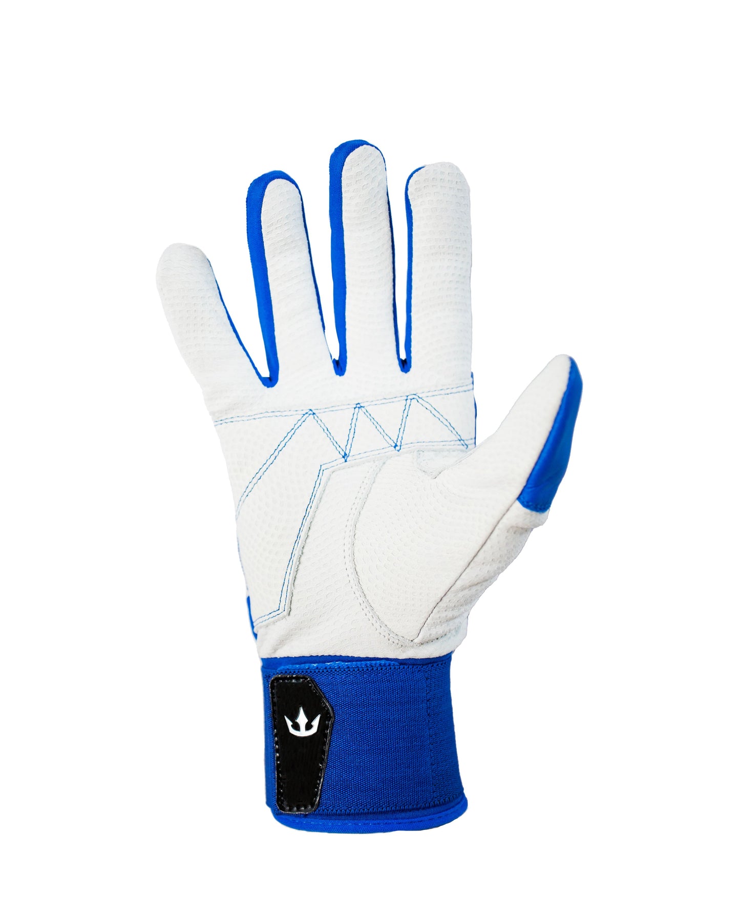 A single glove, primarily white with blue accents along the sides of the fingers and wrist area. The glove features blue stitching and a black patch with a white logo on the wrist strap. Designed for sports or activities requiring grip and dexterity, combining style and functionality.