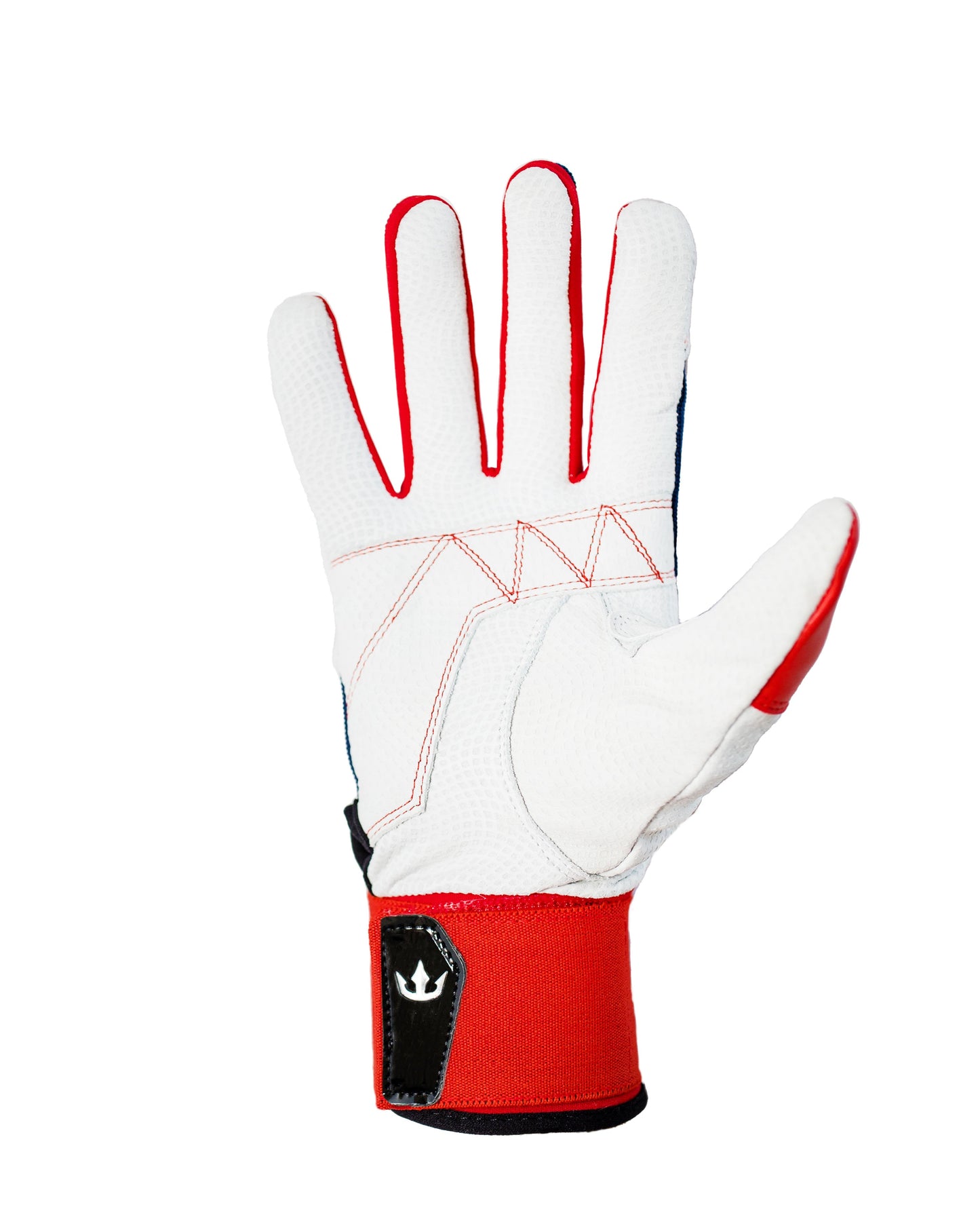 Alt text: A single white glove with red accents, featuring textured zigzag stitching on the back. The glove has red outlining on the fingers and a red tip on the thumb. The wrist area is red with a black patch displaying a white trident symbol. Designed for sports, offering protection and grip.