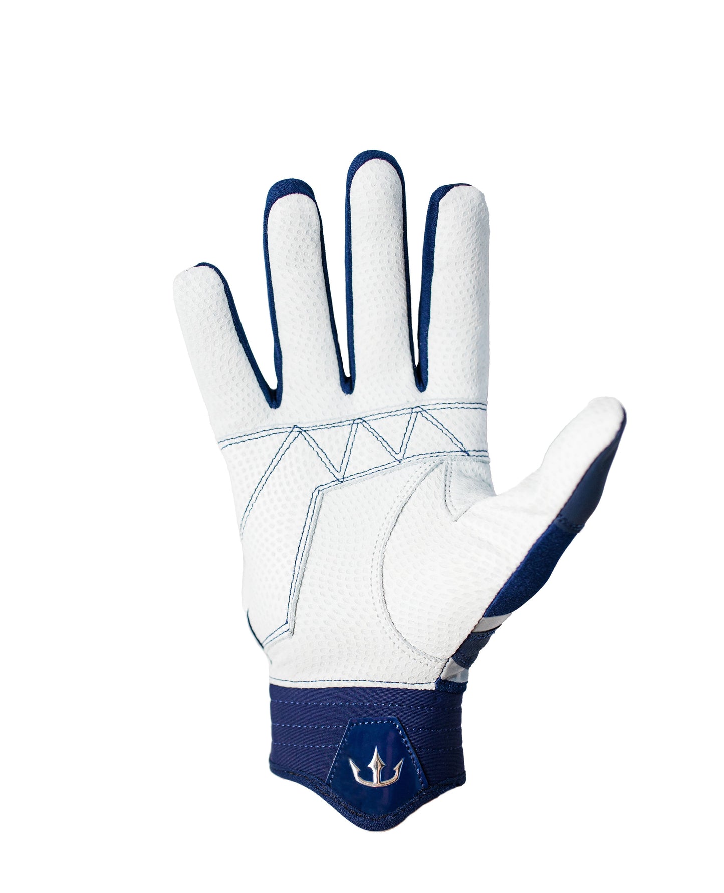 A single white and navy glove with a textured, dotted pattern for enhanced grip and dexterity. The glove features reinforced stitching and padding on the palm and fingers for extra durability and comfort. The wrist area has a logo featuring a trident symbol, Dynasty Baseball's logo. Designed for performance and protection during baseball or softball batting.