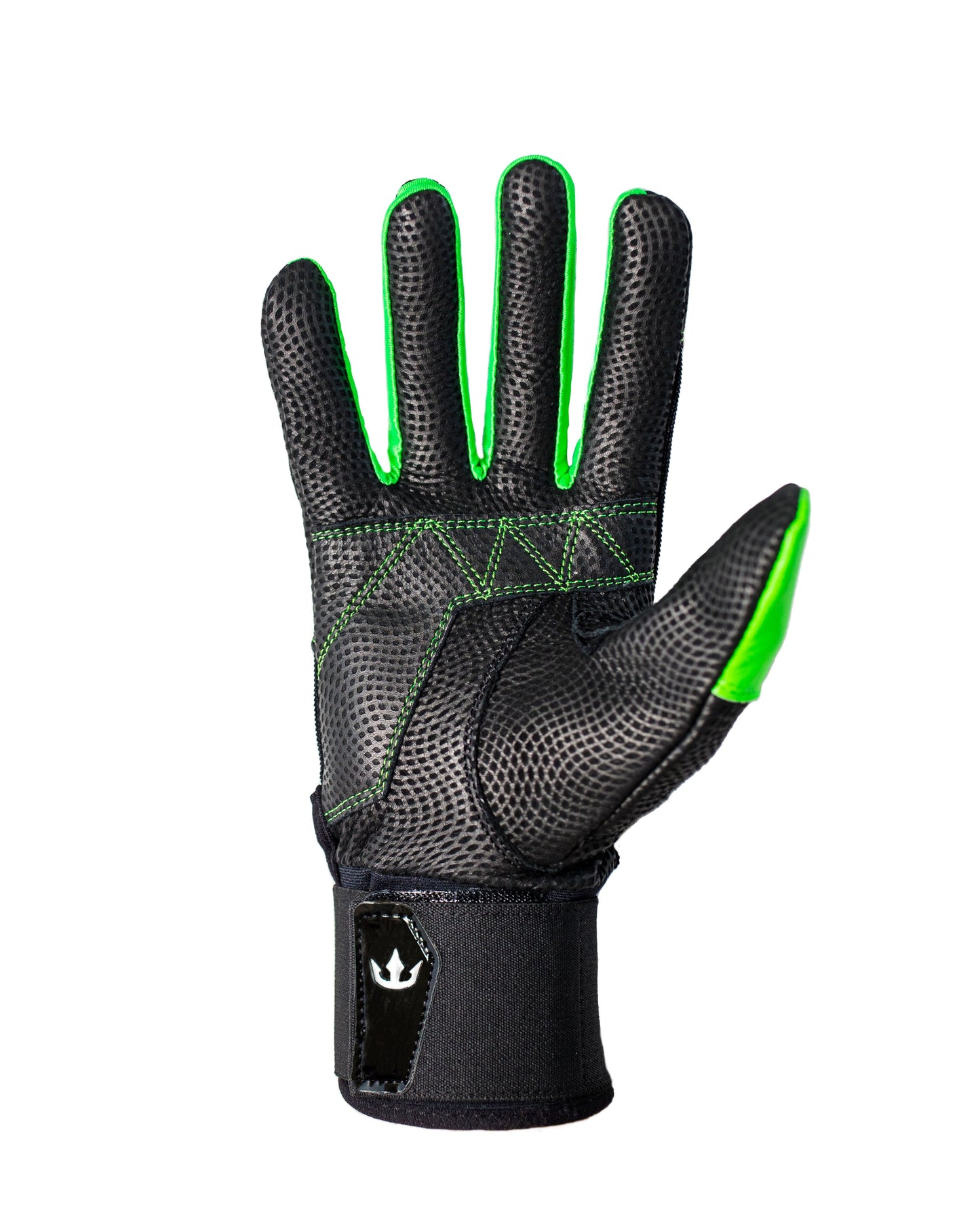 A single black glove with vibrant green accents. The glove features a textured, mesh-like surface with green stitching, highlighted fingertips and thumb, and a black wrist strap with a trident-like emblem. Ideal for activities requiring superior grip and protection. 