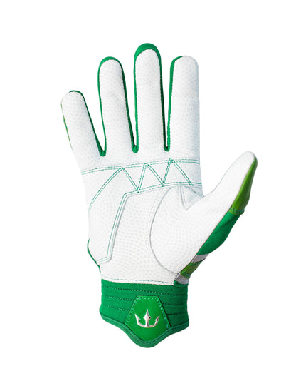 A single white and green glove with a textured, dotted pattern for enhanced grip and dexterity. The glove features reinforced stitching and padding on the palm and fingers for extra durability and comfort. The wrist area has a logo featuring a trident symbol, Dynasty Baseball's logo. Designed for performance and protection during baseball or softball batting