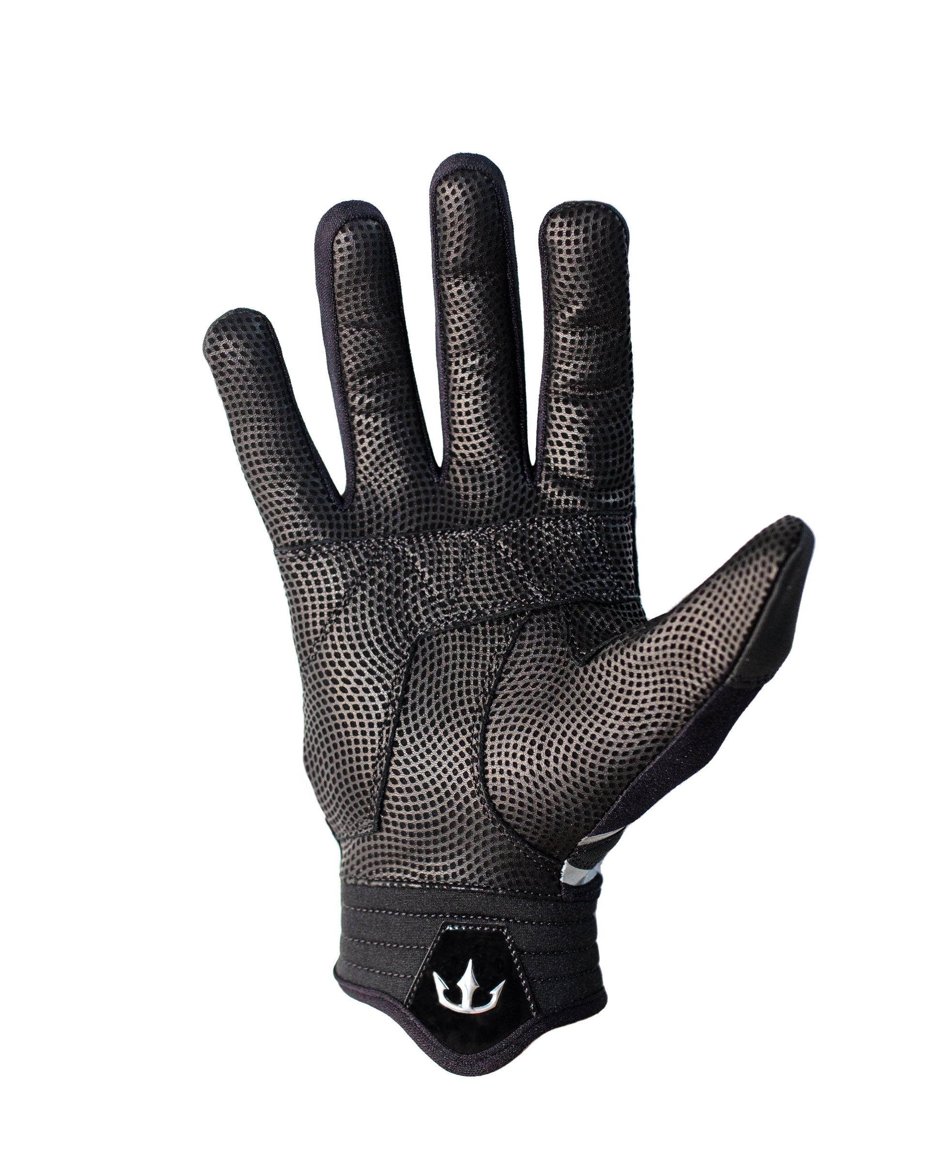 A single black glove with a textured, dotted pattern for enhanced grip and dexterity. The glove features reinforced stitching and padding on the palm and fingers for extra durability and comfort. The wrist area has a logo featuring a trident symbol, Dynasty Baseball's logo. Designed for performance and protection during baseball or softball batting.